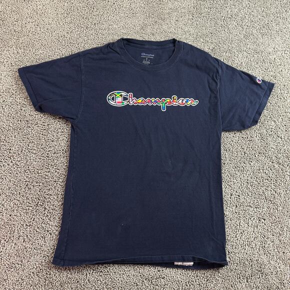 Champion Shirt Mens Medium Blue Signature World Flag Logo Short Sleeve FLAW - Picture 1 of 9